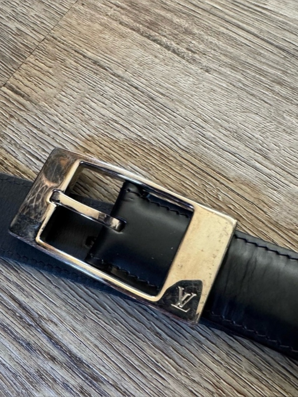 Louis Vuitton Men’s Black Leather Belt with Silver Buckle